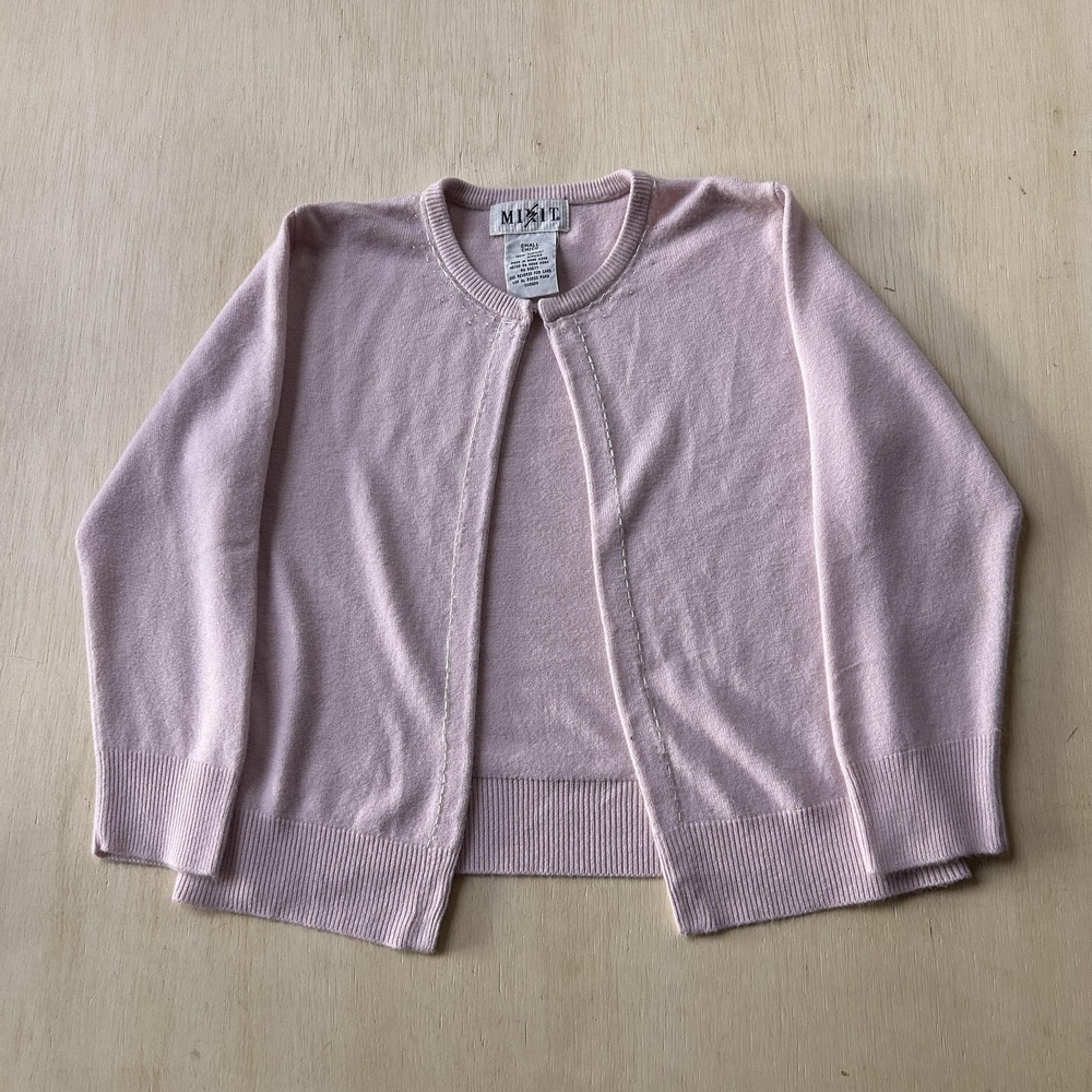Y2K Mixit Sweater Cardigan Women S Pink Acrylic Crew Neck Open Beaded Tight Knit
